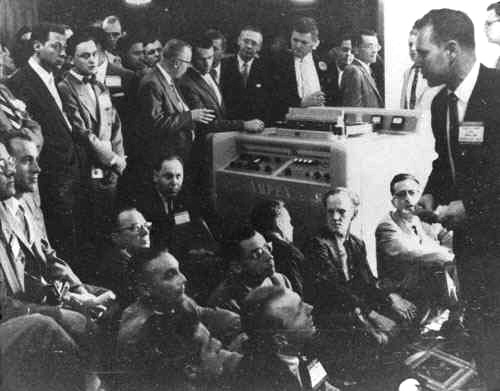 The Ampex video recorder is unveiled at the NARTB show in Chicago, April 14, 1956.